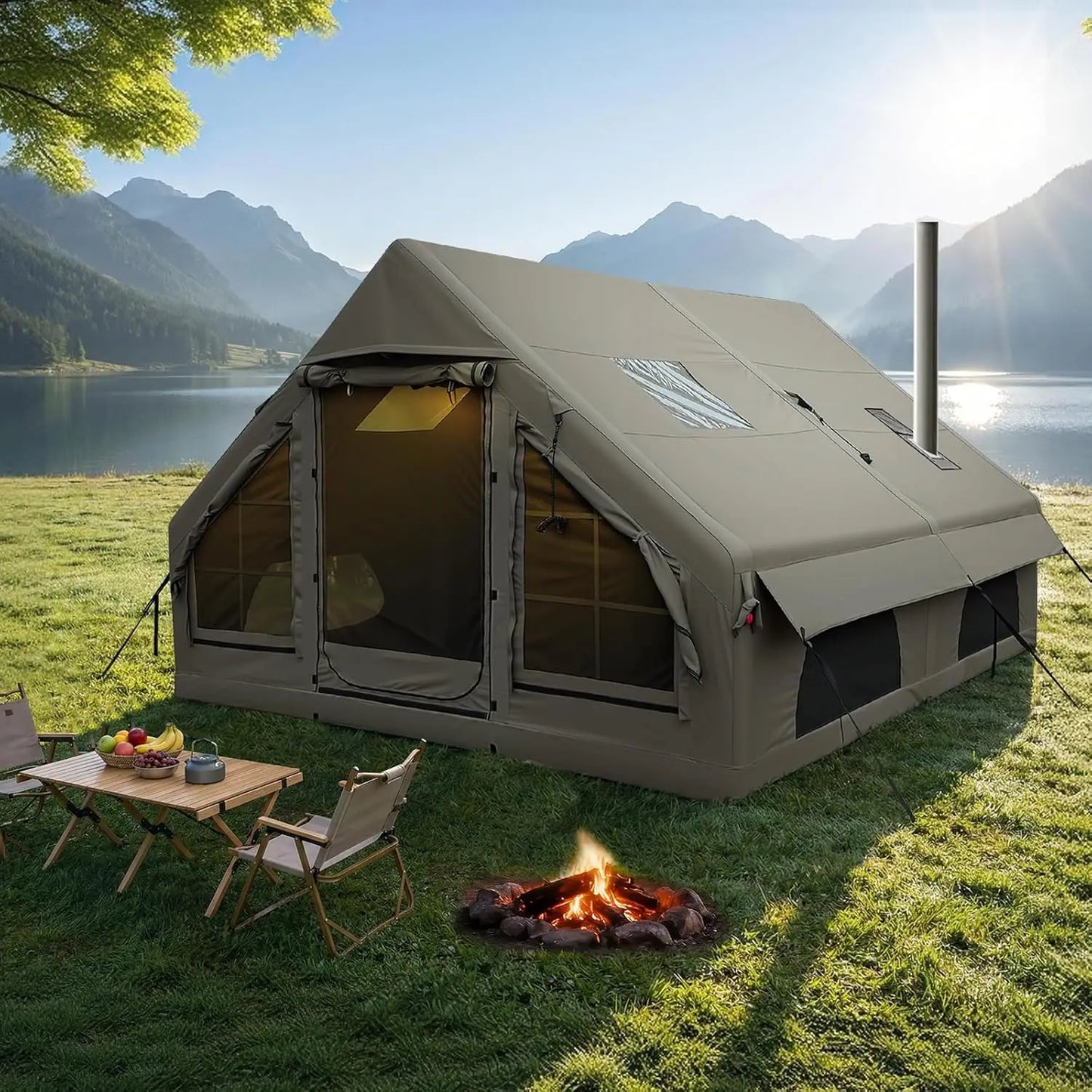 Inflatable Camping Tent With Wind Rain Resistance And Stove Jack