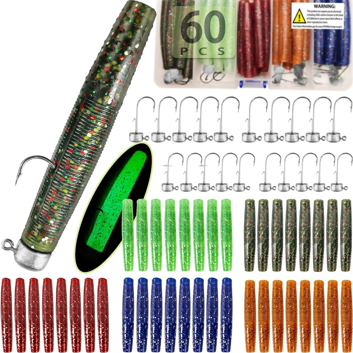 Ned Rig Jig Heads With Soft Plastic Worms Bass Kit