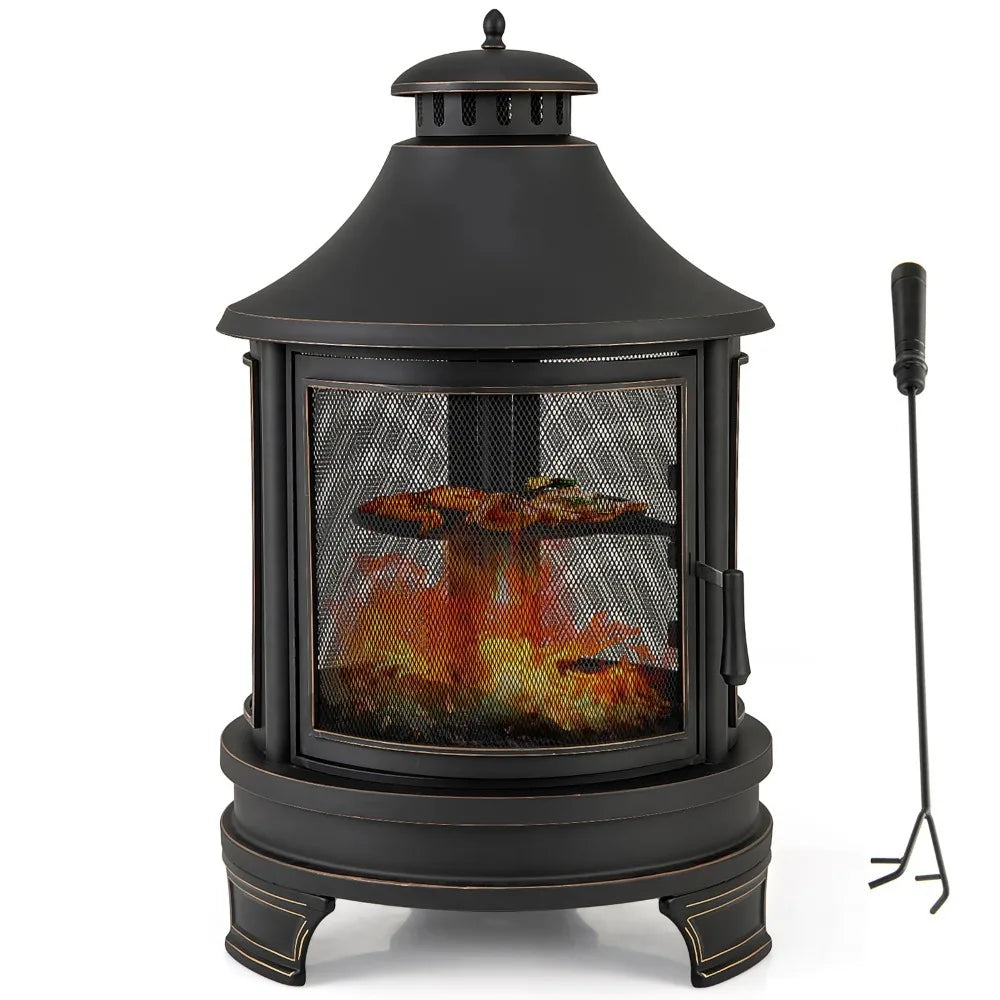 Outdoor Metal Fire Pit Chiminea With Grill And Spark Screen