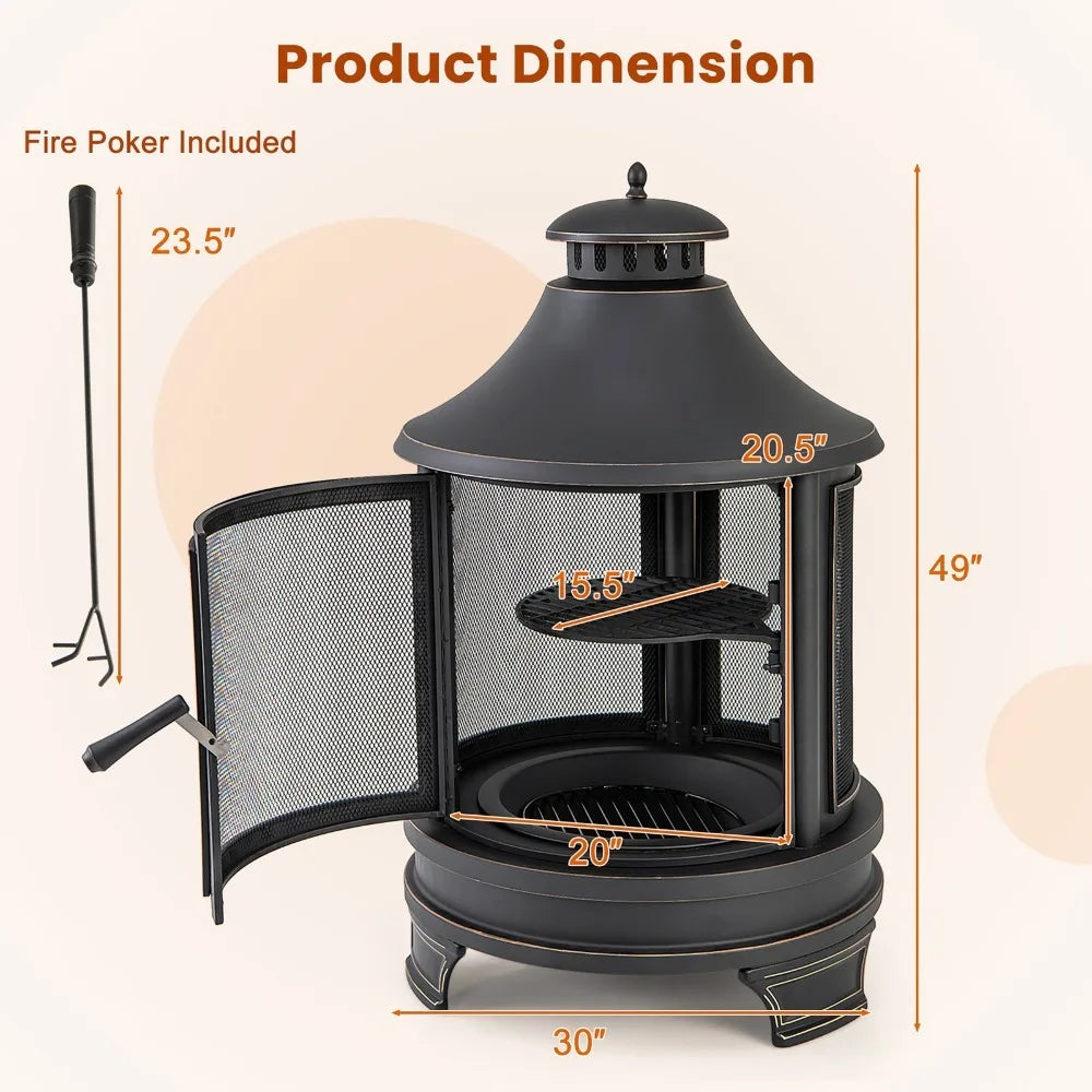 Outdoor Metal Fire Pit Chiminea With Grill And Spark Screen