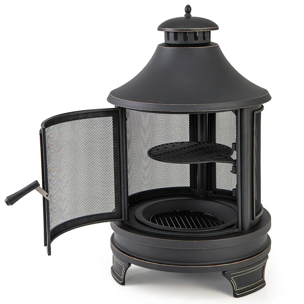 Outdoor Metal Fire Pit Chiminea With Grill And Spark Screen