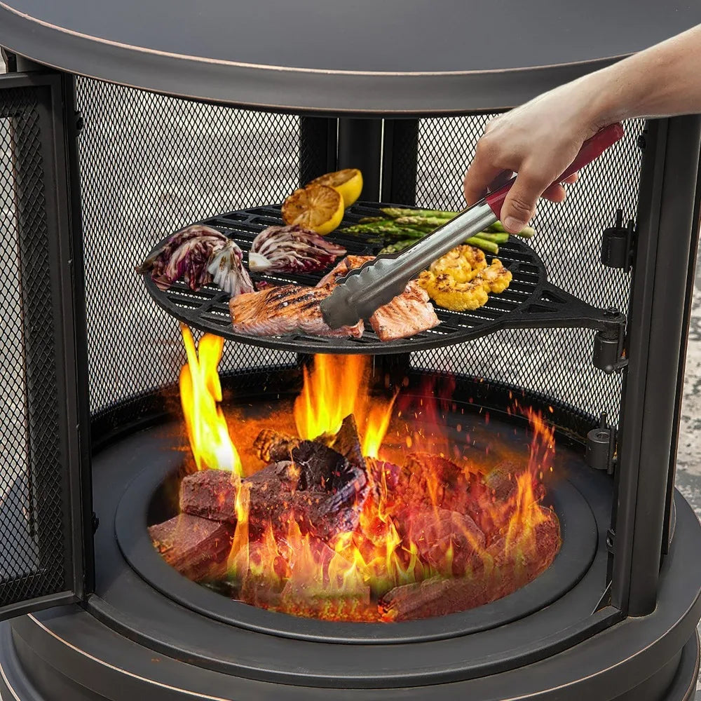 Outdoor Metal Fire Pit Chiminea With Grill And Spark Screen