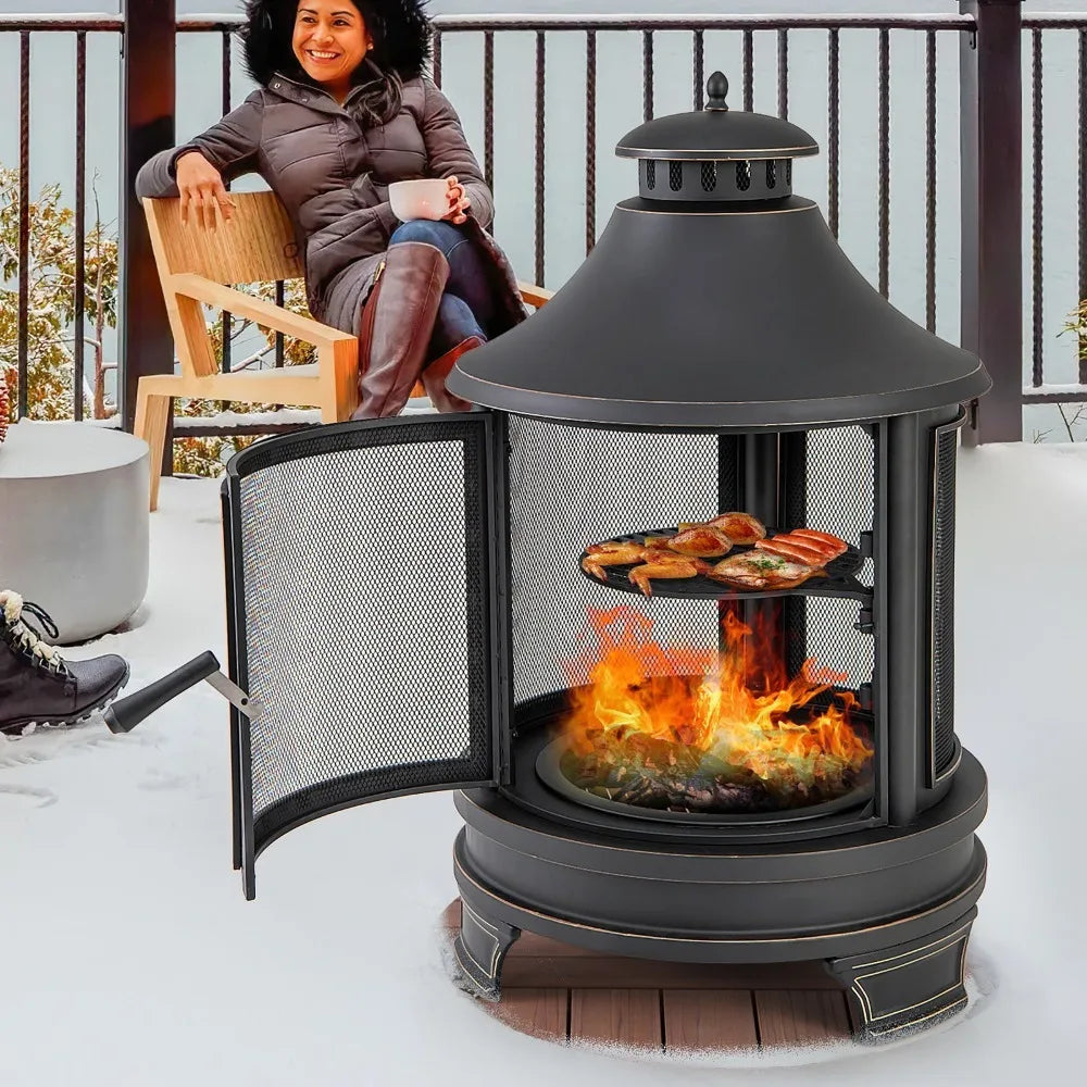Outdoor Metal Fire Pit Chiminea With Grill And Spark Screen