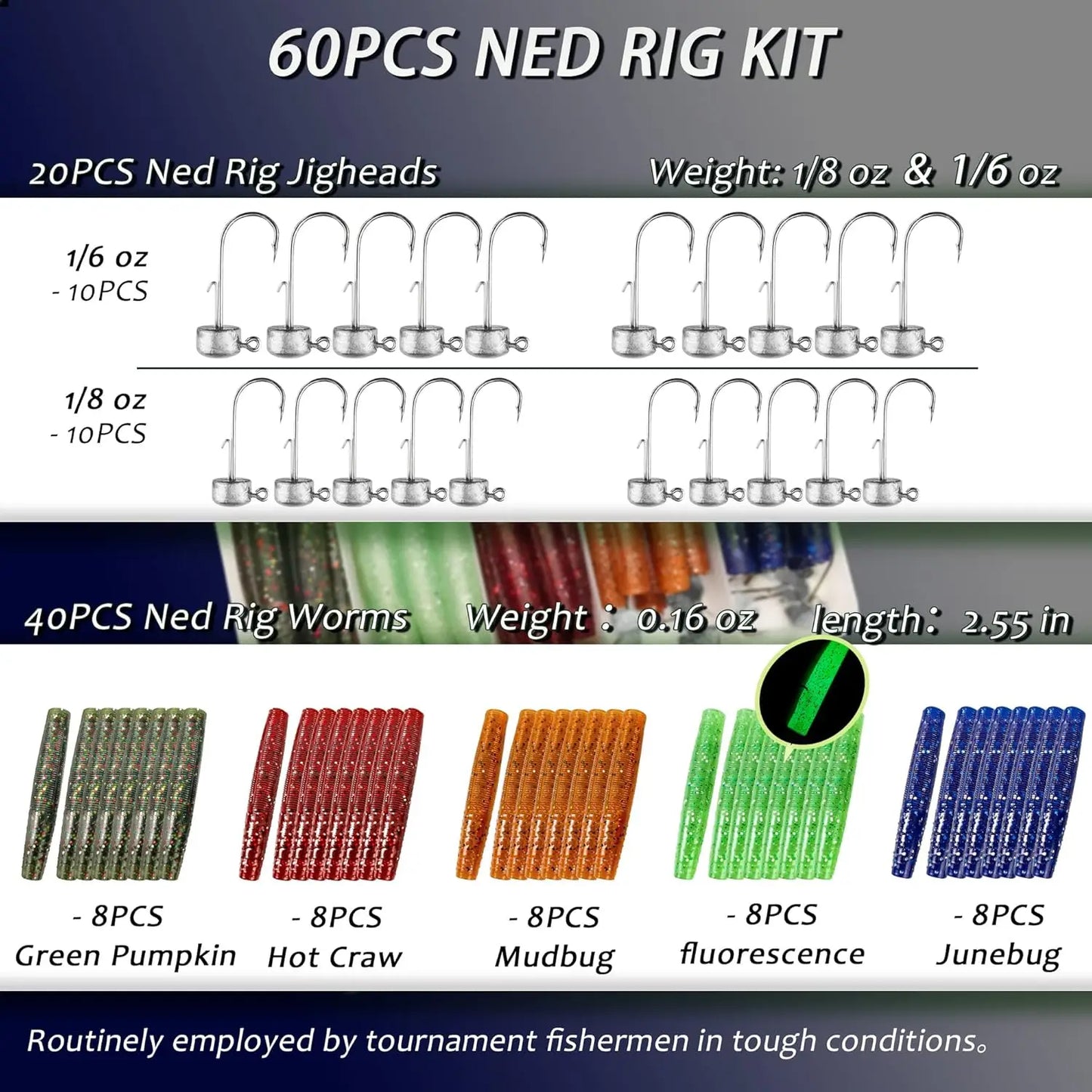 Ned Rig Jig Heads With Soft Plastic Worms Bass Kit