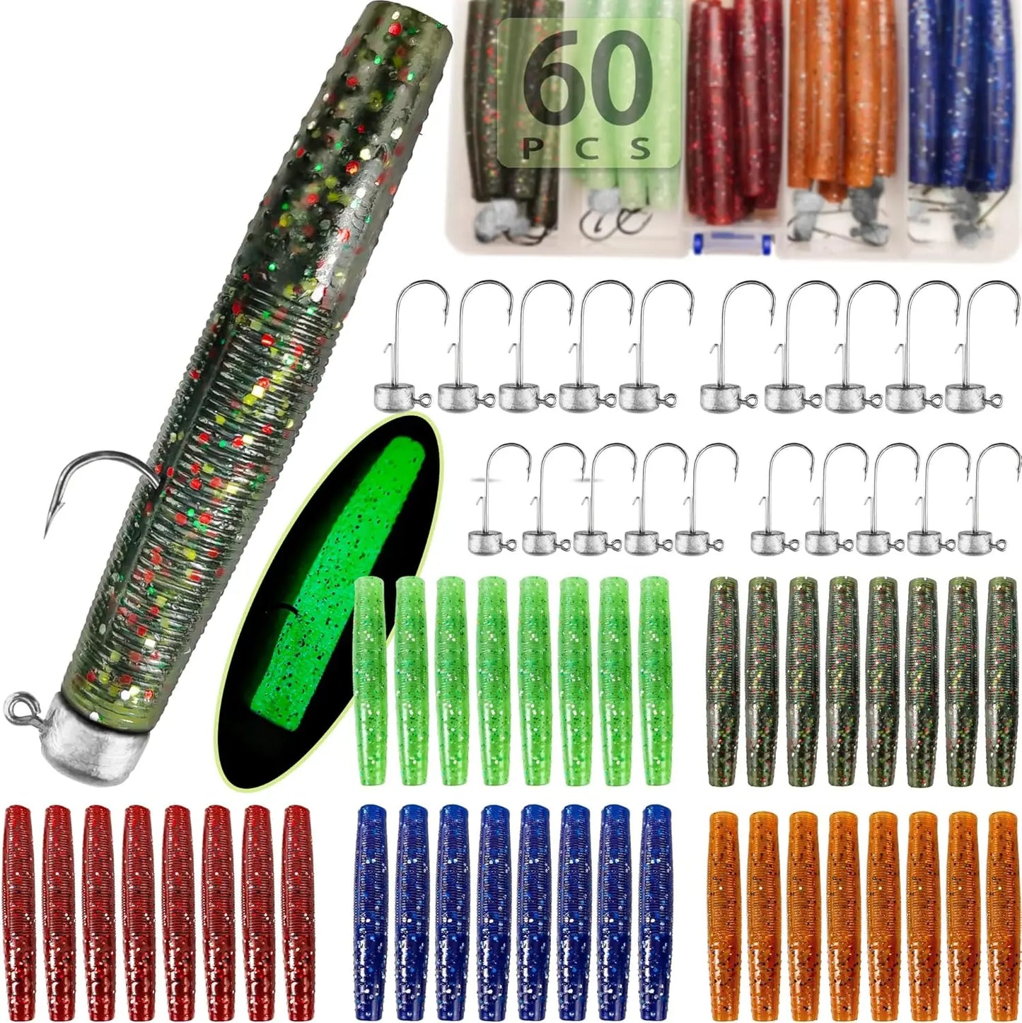 Ned Rig Jig Heads With Soft Plastic Worms Bass Kit