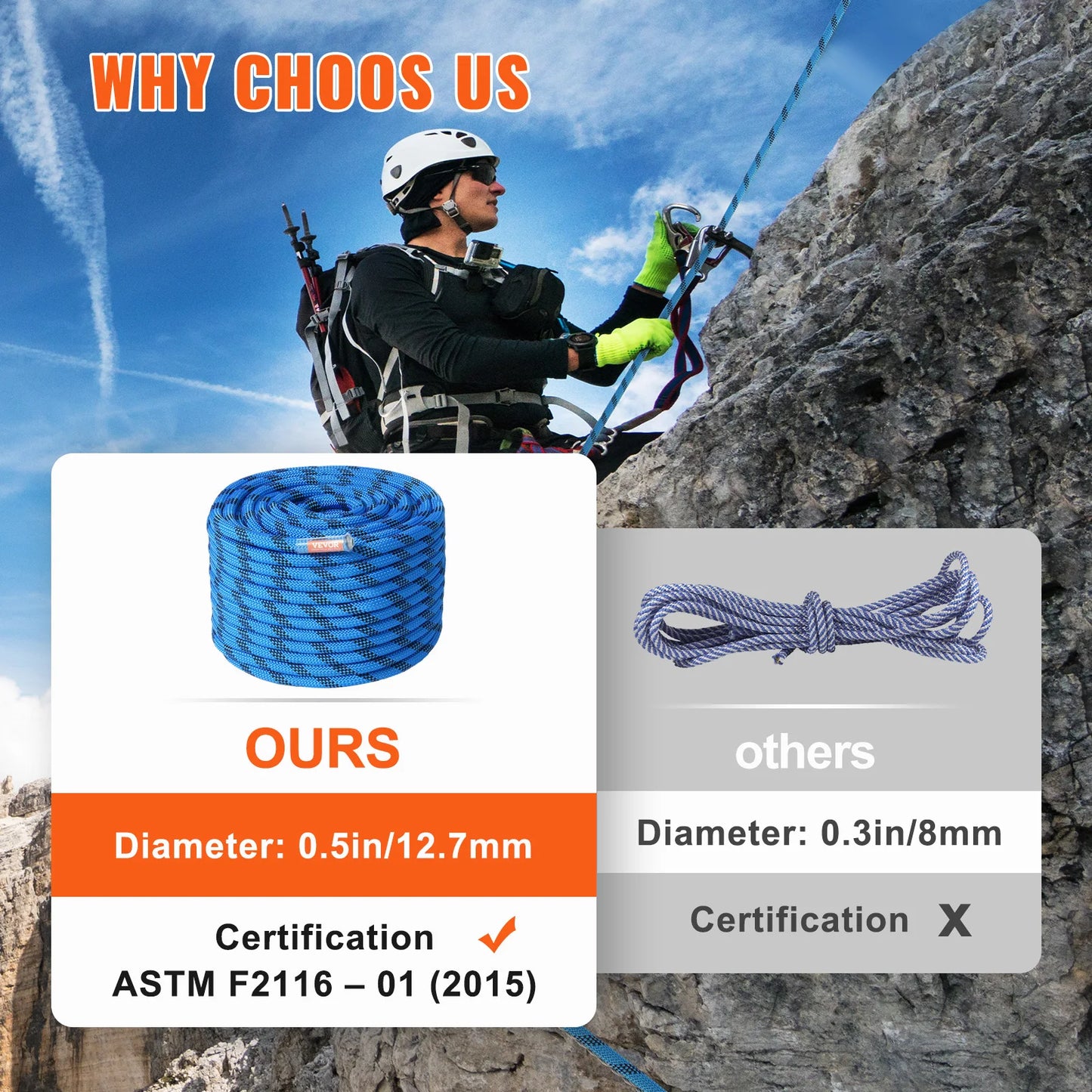 VEVOR Static Climbing Rope 30 kN Breaking Strength