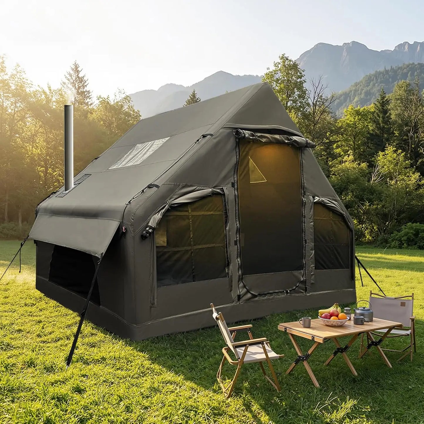 Inflatable Camping Tent With Wind Rain Resistance And Stove Jack