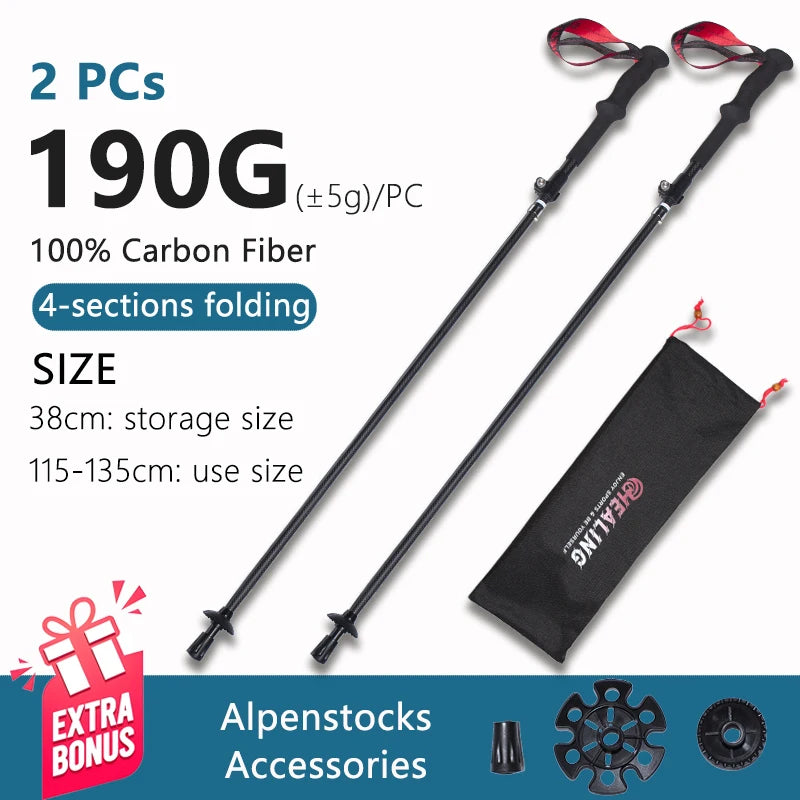 OKHEALING Ultralight Carbon Fiber Trekking Poles Folding Walking Sticks