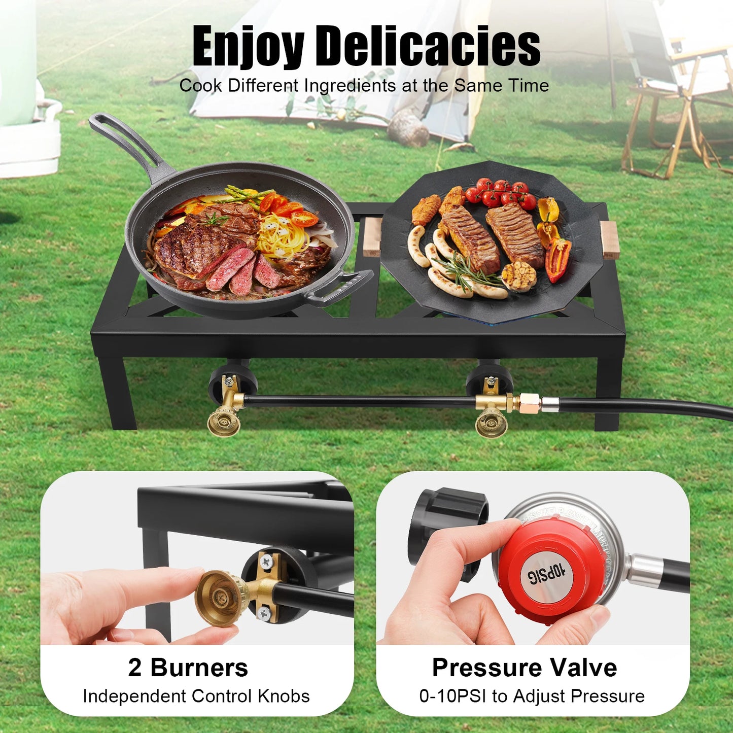 8000W Portable Double Burner Outdoor Gas Stove PSI Regulator