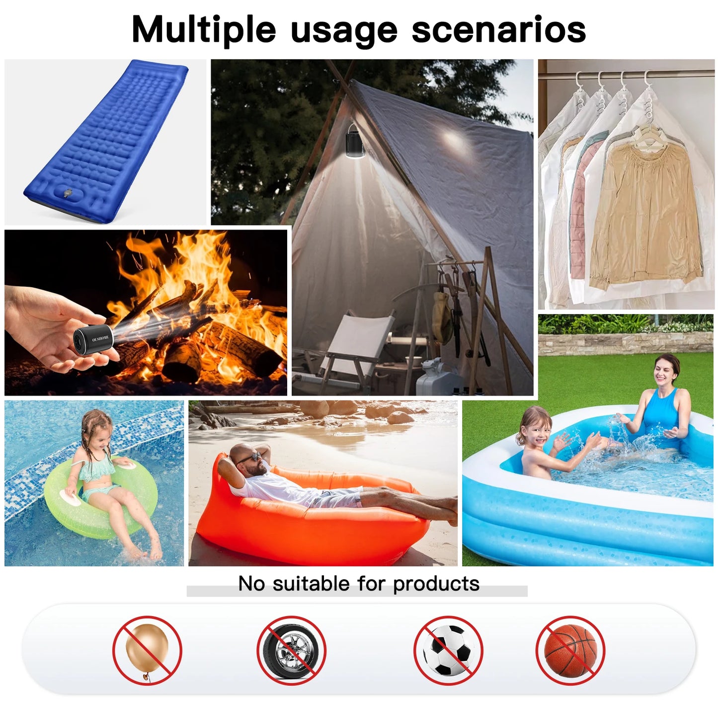 Portable Air Pump For Inflatables USB Rechargeable With Camping Light